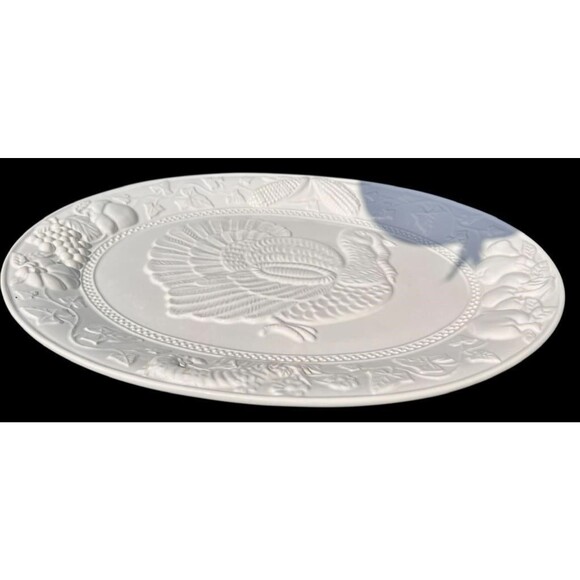 Turkey Embossed Serving Platter Ceramic Thanksgiving X-large 19”x 14.5" White - Picture 2 of 6